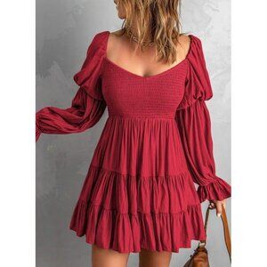 Womens Y2K Short Milkmaid Dress Size M Shirred Tiered Ruffle Puff Sleeve Peasant